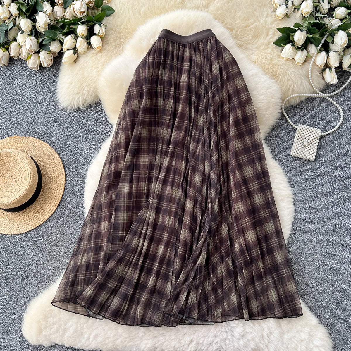 High Waist A-Line Midi Skirt Women's Plaid Elastic Waist Slimming Skirts Commute Korean Style Standard Fit Polyester Fiber