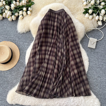 High Waist A-Line Midi Skirt Women's Plaid Elastic Waist Slimming Skirts Commute Korean Style Standard Fit Polyester Fiber