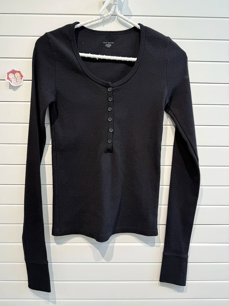 Retro White Ribbed Button T-shirts Women Spring Cotton Round Neck Long Sleeve Tees Female Y2k Streetwear Casual T Shirt Tops