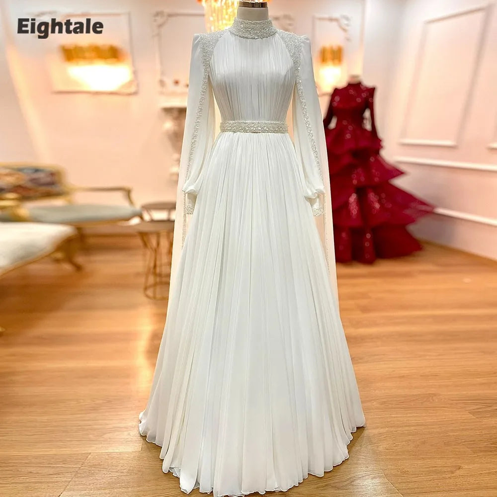 Eightale Arabic Wedding Dress High Neck Customized Ivory Bridal Gown Long Sleeves Muslim A-Line Sequin Bride Party Dress