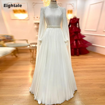 Eightale Arabic Wedding Dress High Neck Customized Ivory Bridal Gown Long Sleeves Muslim A-Line Sequin Bride Party Dress