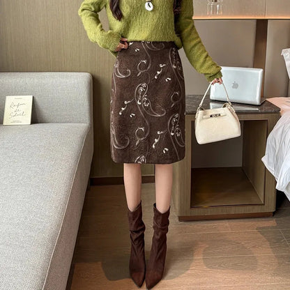 Women Retro Paisley Embroidered Suede Skirt High Waist Split Midi Pencil Skirt Casual Commute Dress