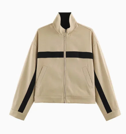 Women's Jackets Beige Black Zip Collar Crop Jacket Lapel Loose Streetwear Spring Autumn Chic Sports Outfits Short Coats 2026 New