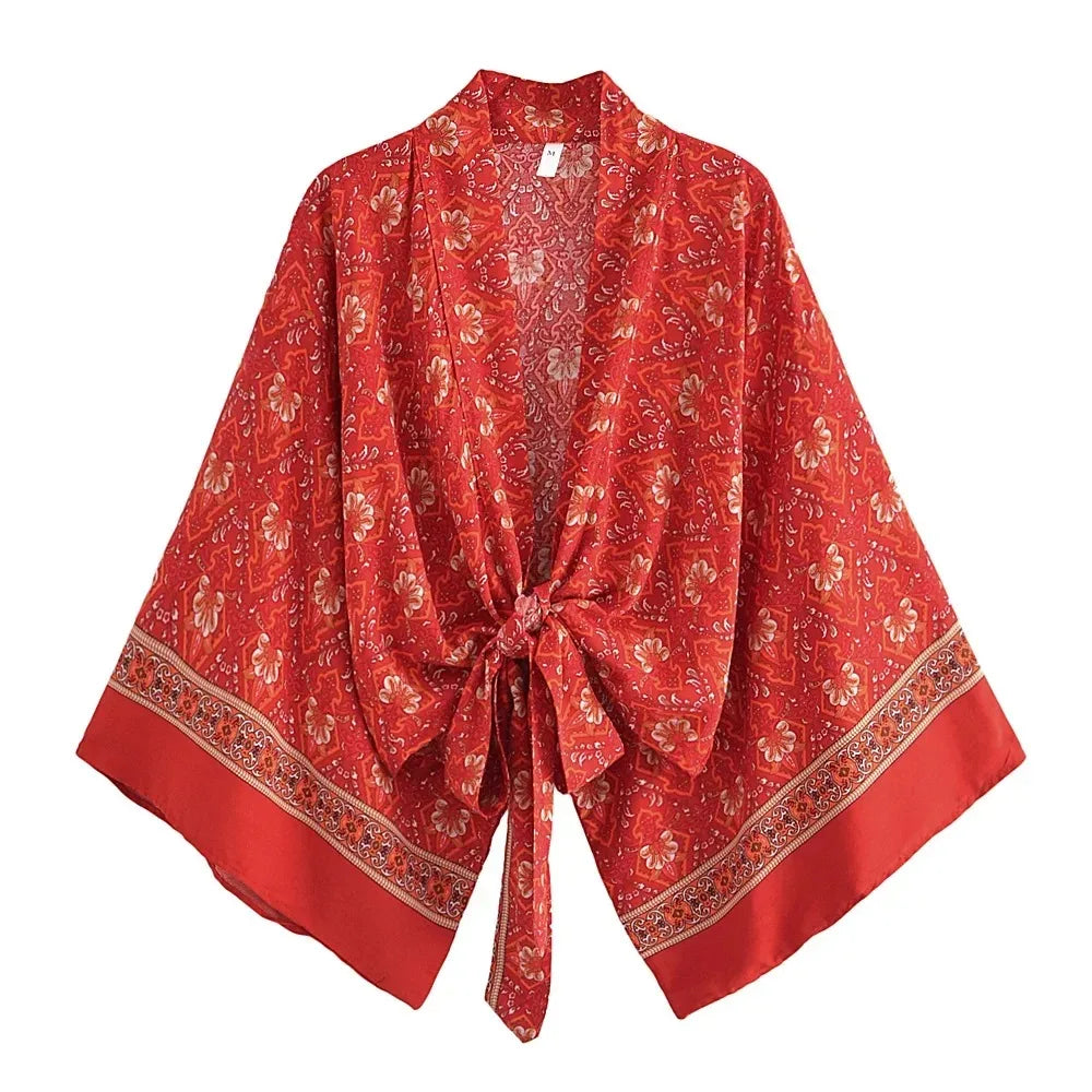 Vintage Multi Floral Boho Kimono Short Robe Swimsuits Women Fashion Batwing Sleeves Rayon Bohemian Bikini Cover Ups Beachwear