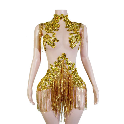 Black Sequins Fringes Leotard Mesh See through Party Bodysuit Women Sparkle Rhinestones Nightclub Prom Gogo Dance Stage Outfits