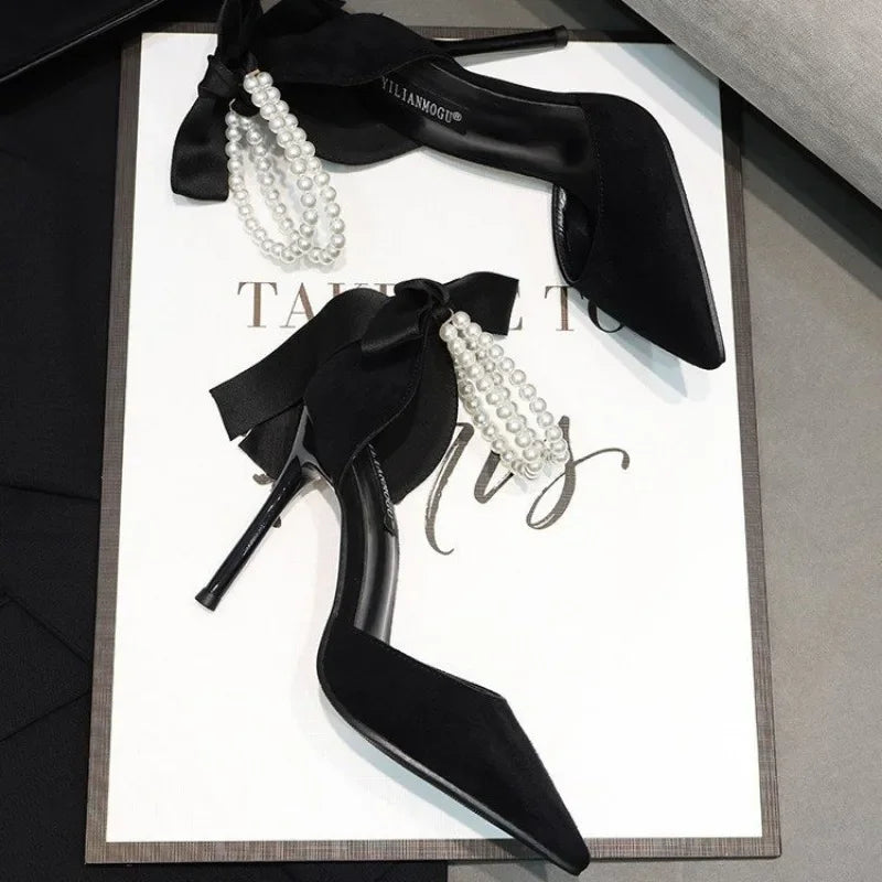 Black Women's Pumps   Summer New Brand Design String Bead Pearls Wedding Bridal High Heels Sexy Pointed Toe Party Dance Shoes