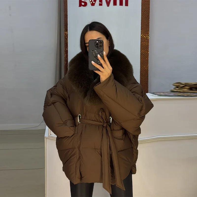 Thichen Winter Padded Coat Women Faux Fur Collar Belted Waist Tie Loose Oversized Quilted Jacket Warm Outerwear Daily Streetwear