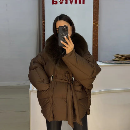 Thichen Winter Padded Coat Women Faux Fur Collar Belted Waist Tie Loose Oversized Quilted Jacket Warm Outerwear Daily Streetwear