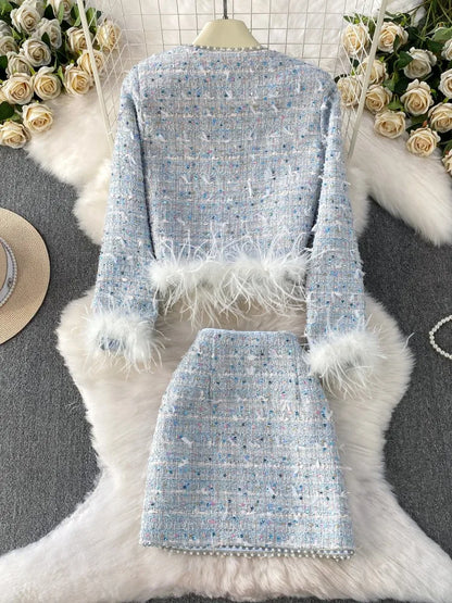 Autumn Winter Women Slim Fit Tweed Jacket Mini Skirt Two Piece Set Elegant Ladies Feathers Beading Sequin Birthday Party Outfits