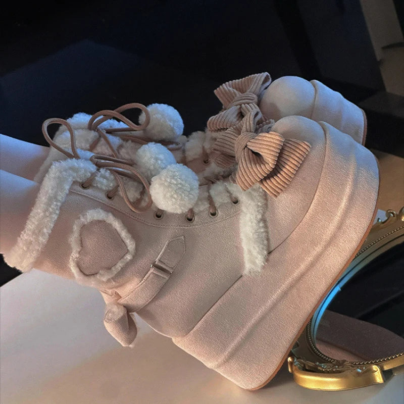 Sweet Winter Girls Lolita Mid-Calf Snow Boots,Cute Female Students Plush Warm Bowknots Lace Up Wedge Heel Heightening Shoes