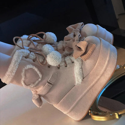Sweet Winter Girls Lolita Mid-Calf Snow Boots,Cute Female Students Plush Warm Bowknots Lace Up Wedge Heel Heightening Shoes