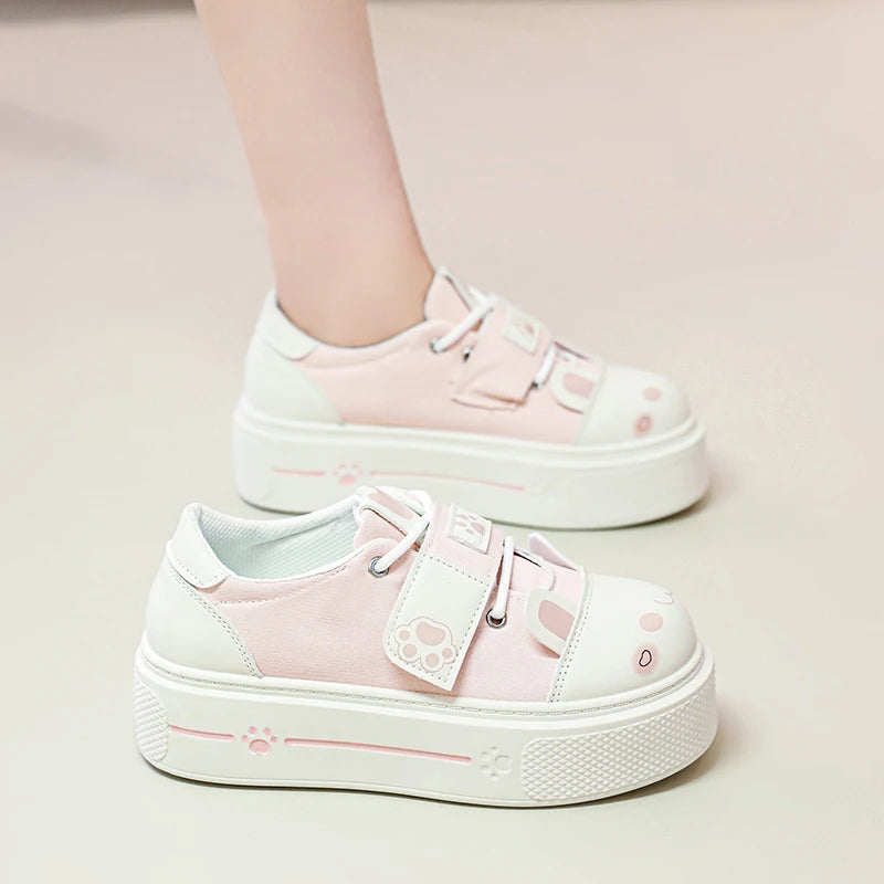 Lovely Girls Lolita Flat Platform,Young Women Students Sweet Cat Ears Elevator Canvas Shoes