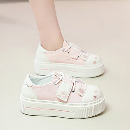 Lovely Girls Lolita Flat Platform,Young Women Students Sweet Cat Ears Elevator Canvas Shoes