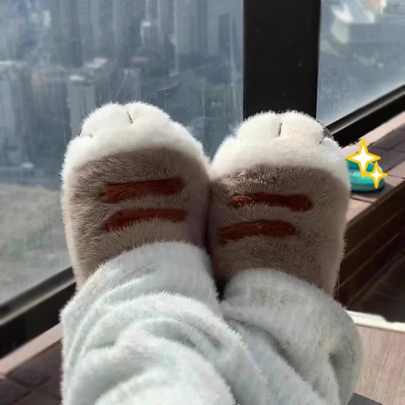 New Adorable Kitty Claw Slippers Women's Home Shoes Non Slip Furry Mules Female Fashion Warm Fluffy Slides Outdoor Cat Slippers
