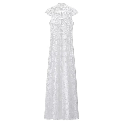 White Lace Embroidery Pant Suit Women Stand Neck Sleeveless Hollow-out Waist Cinching See Through Set Lady Summer Sheer Outfit