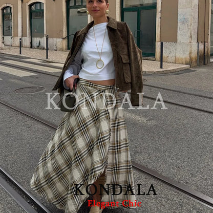 KONDALA Women Trendy Holiday Midi Skirt Asymmetric Plaid Split Fork Skirt Fashion 2026 Spring Summer Streetwear Party Lady Skirt