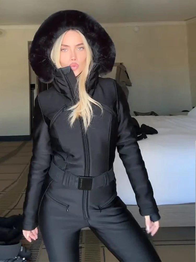 Cotton Padded Zipper Hooded Jumpsuits Skiwear Parka Women Belts Long Sleeve Straight Jacket Winter Outdoor One-Piece Overalls