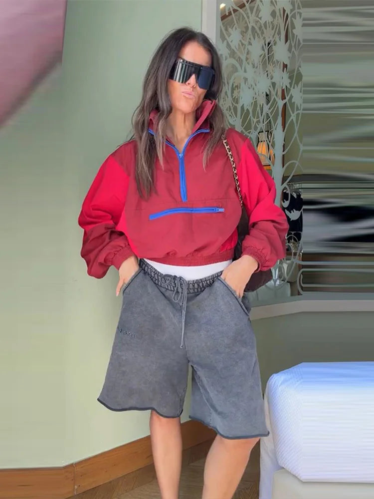 Casual Paneled Contrast Women's Cropped Windbreaker Loose Stand Collar Zipper Full Sleeve Jackets 2026 Autumn Lady Chic Outwear