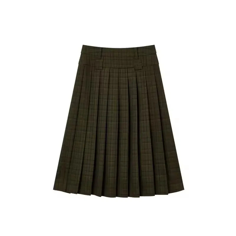 PBAP Fall Trendy Women Plaid Midi Long Skirt Green Tartan High Rise Thick Draped A-line Plaid Pleated Skirt Retro Y2k Streetwear