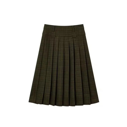 PBAP Fall Trendy Women Plaid Midi Long Skirt Green Tartan High Rise Thick Draped A-line Plaid Pleated Skirt Retro Y2k Streetwear