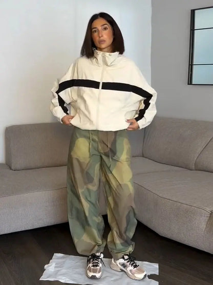 Camo Print Drawstring Waist Women Pants Wide Leg Loose Cut Drawstring Hem Relaxed Fit Casual Trouser Streetwear 2026 New Fashion