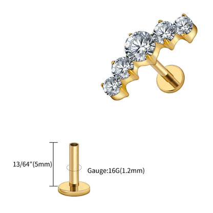 Right Grand ASTM F136 Titanium 16G CZ Cluster Flat Back Labret Stud Curved CZ Bar Climber Earring Helix Cartilage Stud Piercing