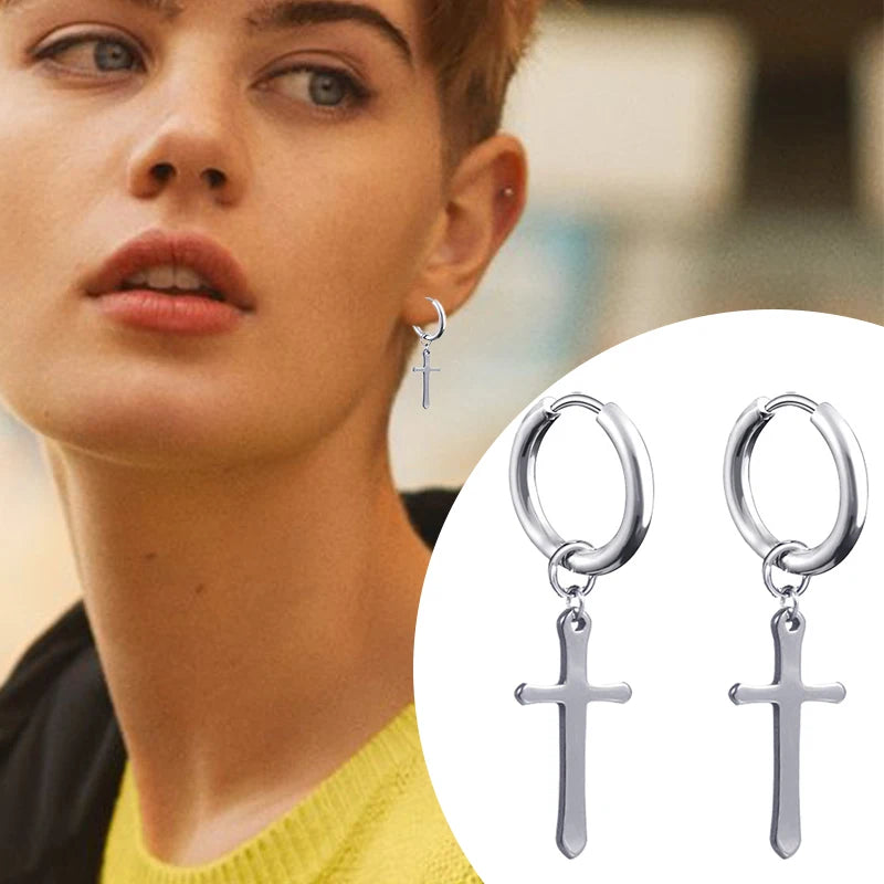 2PC Punk stainless steel Small Hoop Earrings for Men and Women Gothic Cross Ear Ring Pop Hip Hop Piercing Ear studs Jewelry
