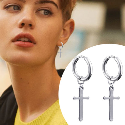 2PC Punk stainless steel Small Hoop Earrings for Men and Women Gothic Cross Ear Ring Pop Hip Hop Piercing Ear studs Jewelry