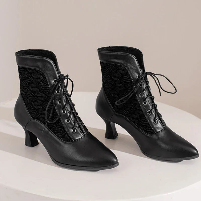 Women Victorian Ankle Boots Leather Lace Heel Shoes for women Fashion Lace Up Spliced Ladies High Heels Woman Boots Ankle 46