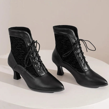 Women Victorian Ankle Boots Leather Lace Heel Shoes for women Fashion Lace Up Spliced Ladies High Heels Woman Boots Ankle 46
