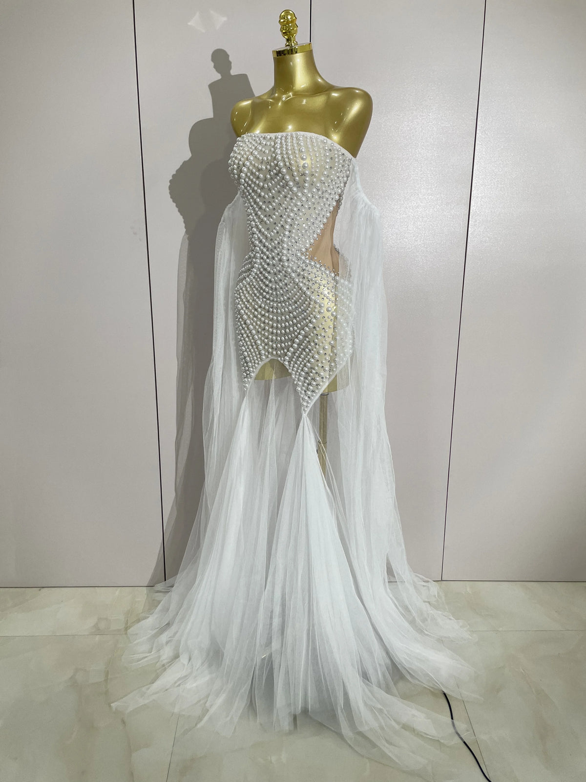 Elegant Sparkly Rhinestone White Pearl Sexy Strapless Mesh Long Dress Wedding Guest Gowns Luxury Birthday Evening Party Dress