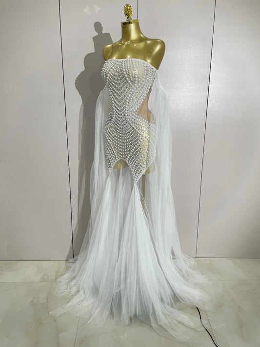 Elegant Sparkly Rhinestone White Pearl Sexy Strapless Mesh Long Dress Wedding Guest Gowns Luxury Birthday Evening Party Dress
