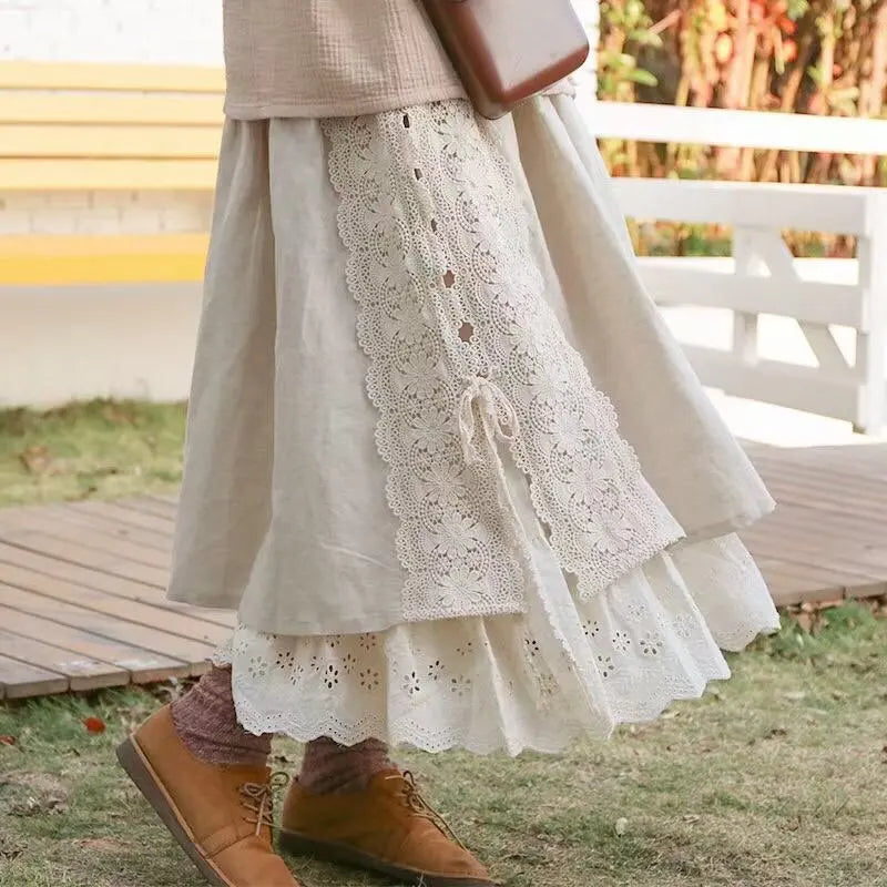 Vintage Chic Embroidery Linen Cotton Long Skirts Women Summer Elastic High Waist Pleated Maxi Skirt Female Elegant A-Line Skirt