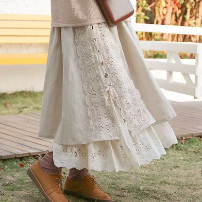 Vintage Chic Embroidery Linen Cotton Long Skirts Women Summer Elastic High Waist Pleated Maxi Skirt Female Elegant A-Line Skirt
