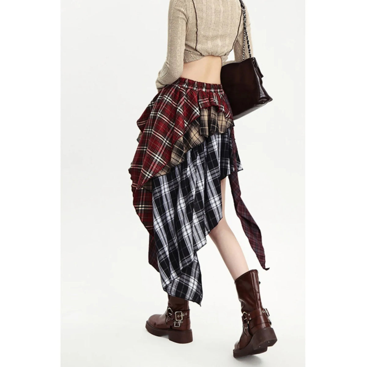 Summer Women Skirt Irregular Plaid Streetwear Patchwork Oversize Spice Girl Design Harajuku Female Midi Skirt