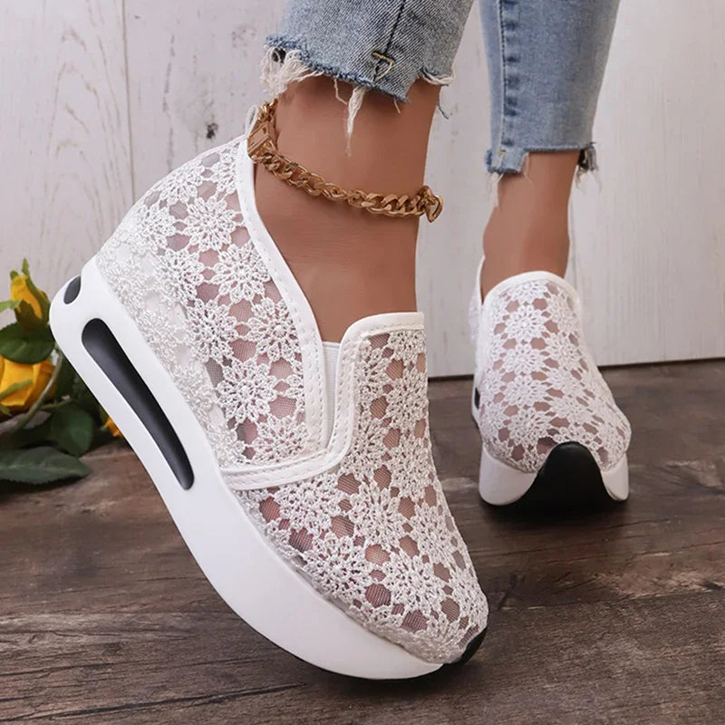 Fashion Embroidered Platform Sneakers for Women 2025 Summer Breathable Mesh Sports Shoes Woman Thick Sole Slip On Casual Shoes