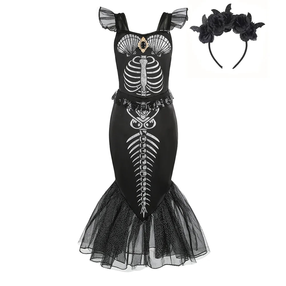 2-10Yrs Girls Halloween Party Skeleton Print Mermaid Princess Dress Gothic Style Black Trumpet Skirt Siren Ariel Cosplay Costume