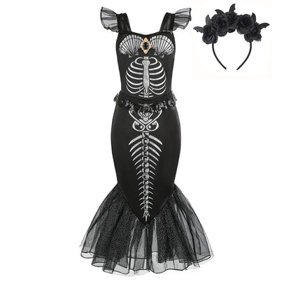 2-10Yrs Girls Halloween Party Skeleton Print Mermaid Princess Dress Gothic Style Black Trumpet Skirt Siren Ariel Cosplay Costume