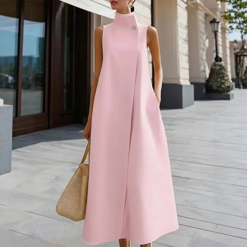 Simple Fashion Single Button High Neck Maxi Dress Women Spring Solid Pocket A-Line Long Dress Summer Sleeveless Bohemian Dresses