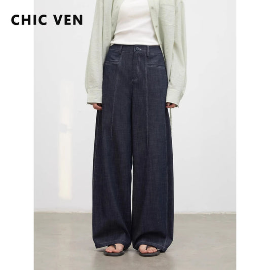 CHIC VEN Fashion Women Jeans High Waist Loose Casual Straight Leg Wide Leg Bright Line Ladies Denim Pants Spring Summer 2026