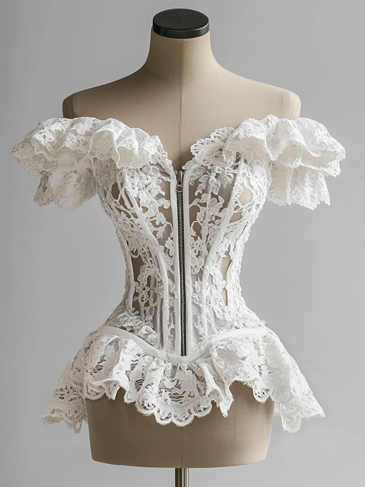 French Corset Women's Blouse Lace Ruffle Off Shoulder Zip Up Tube Tops Bustier Overbust Waist Slimming Strapless Tube Female Top