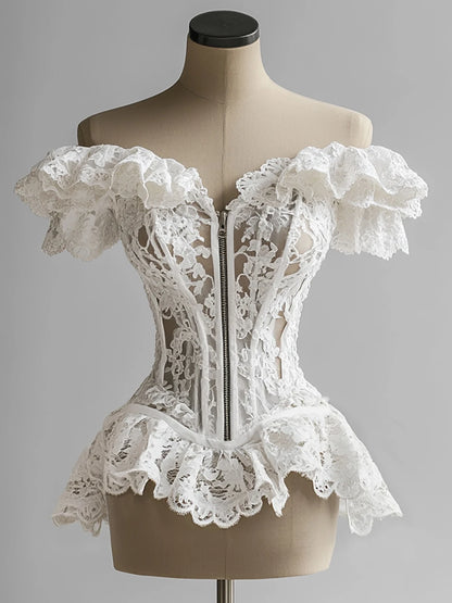 French Corset Women's Blouse Lace Ruffle Off Shoulder Zip Up Tube Tops Bustier Overbust Waist Slimming Strapless Tube Female Top