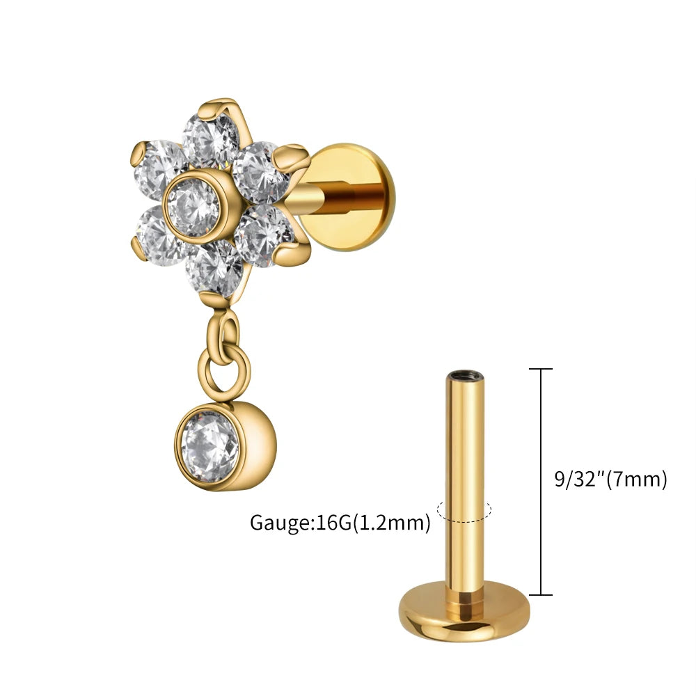 Right Grand ASTM F136 Titanium 16G Flower CZ Drop Dangle Flat Earring Tragus Helix Lobe Stud Piercing Jewelry