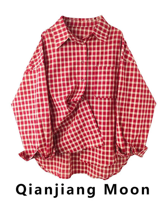 2026 Y2k Autumn Women New Vintage Red Plaid Turn-down Collar Over-shirt Long Sleeve Streetwear Loose Patchwork Harajuku Blouses