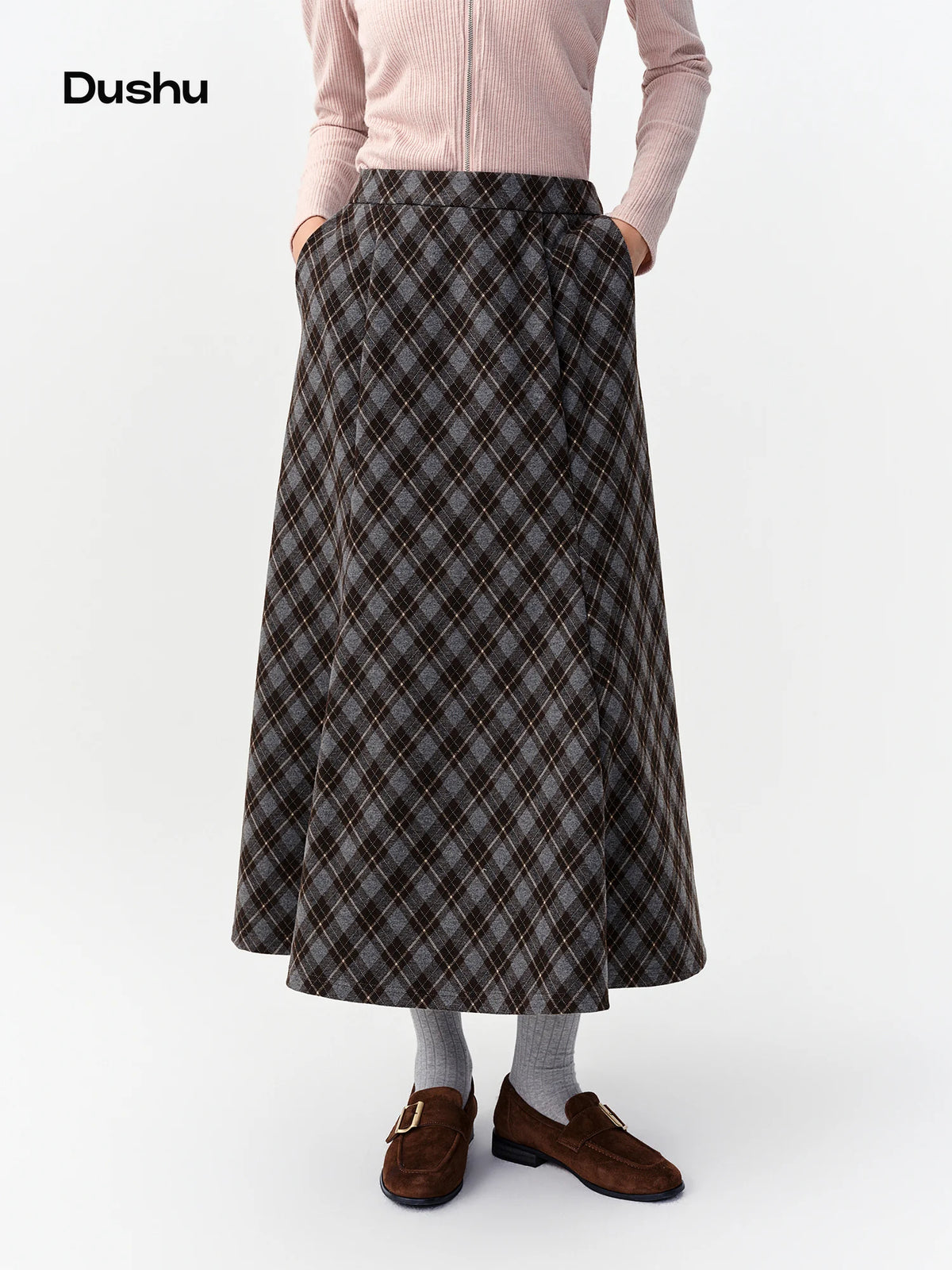 DUSHU Vintage Plaid Mermaid Skirt Women High Waist A-line Flared Midi Skirt Office Casual Long Skirt Preppy Style Age-reducing