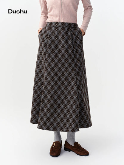 DUSHU Vintage Plaid Mermaid Skirt Women High Waist A-line Flared Midi Skirt Office Casual Long Skirt Preppy Style Age-reducing