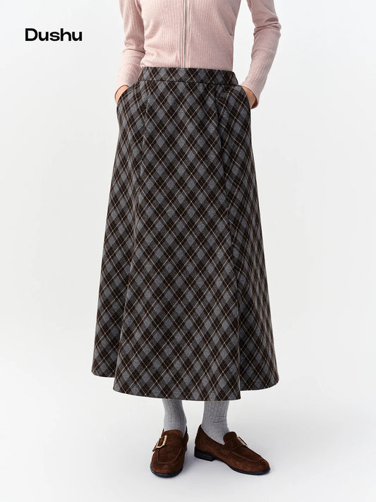 DUSHU Vintage Plaid Mermaid Skirt Women High Waist A-line Flared Midi Skirt Office Casual Long Skirt Preppy Style Age-reducing