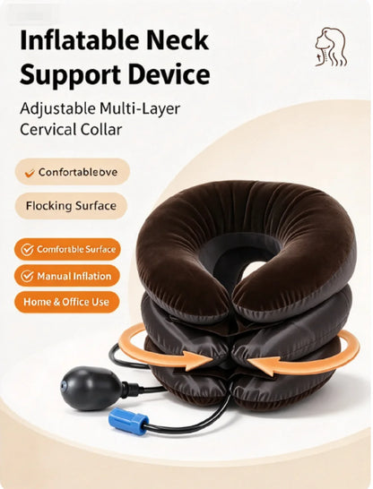 Inflatable Neck Support Device, Multi-Layer Cervical Traction Collar with Manual Air Pump, Comfortable Flocking Surface for Home