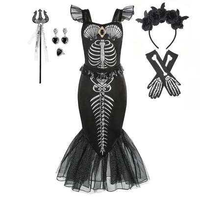 2-10Yrs Girls Halloween Party Skeleton Print Mermaid Princess Dress Gothic Style Black Trumpet Skirt Siren Ariel Cosplay Costume