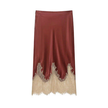 HH Women Elegant Fashion Patchwork Lace Hem Skirt Side Zipper High Waist Slim Midi Skirts 2026 Spring Summer Trend Lady Skirt